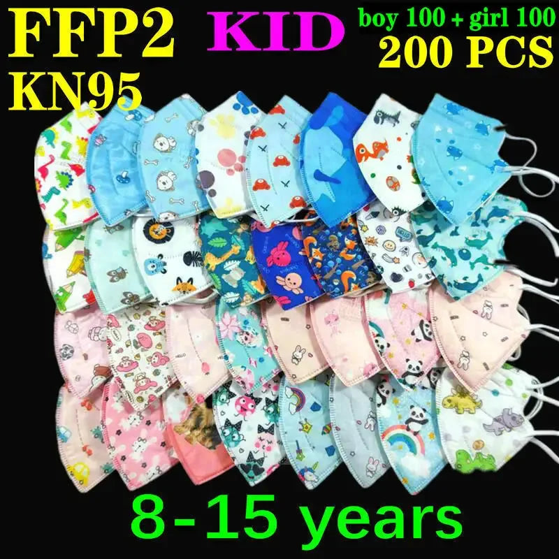 Kids KN95/FFP2 Face Masks – 5-Layer Protective Cartoon Design, Comfortable CE-Certified Disposable Masks for Boys & Girls (Ages 3–15)