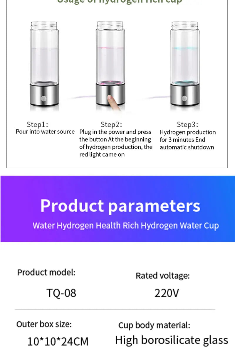 Portable Electric Hydrogen Water Bottle – Titanium Filter, USB Rechargeable, Hydrogen-Rich for Health & Wellness