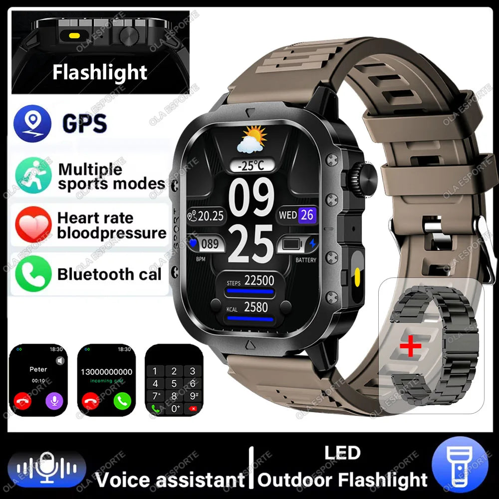 Military Smart Watch Bluetooth Call GPS Flashlight 100+ Sports Android iPhone