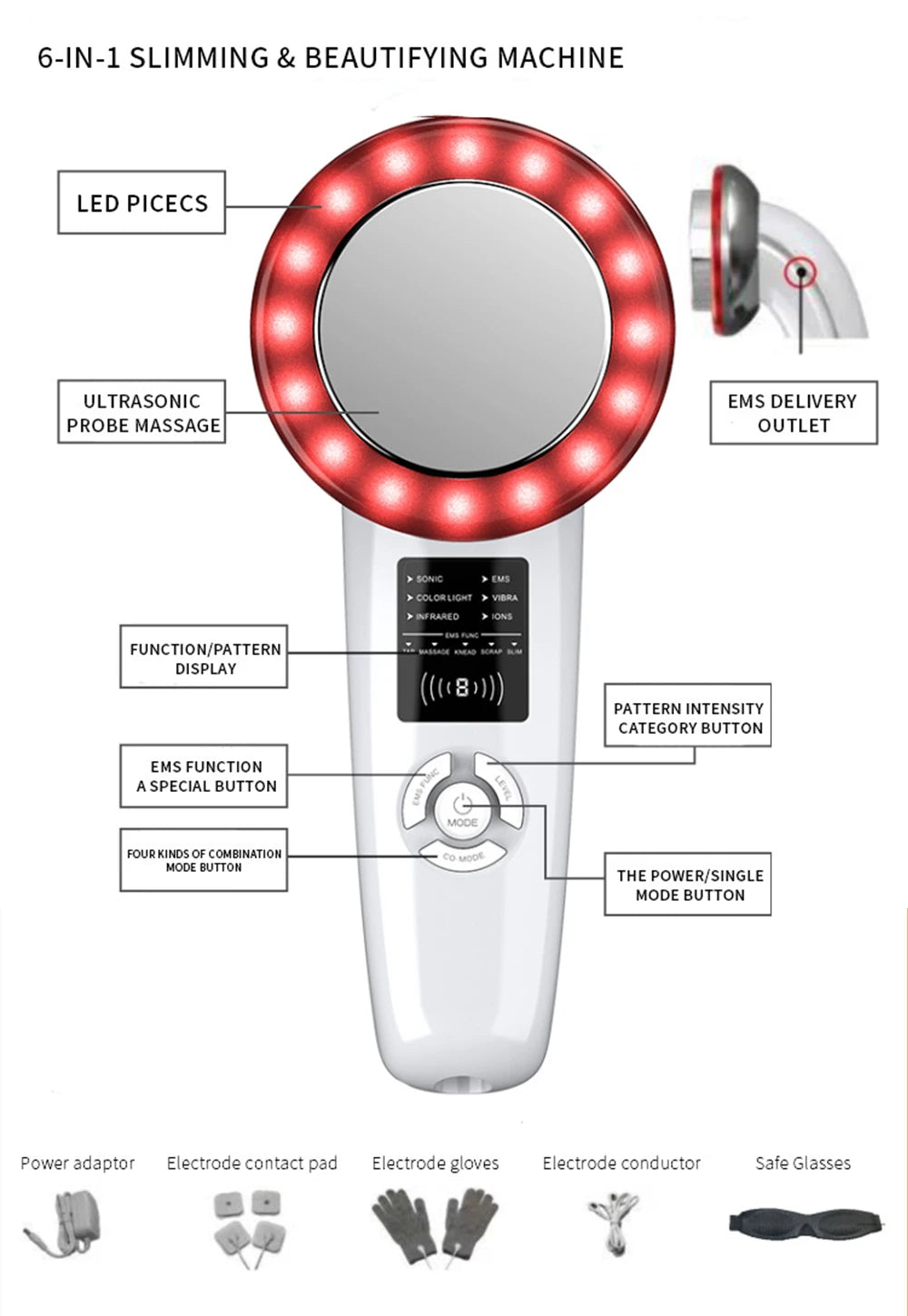 6-in-1 EMS Ultrasonic Body Slimming & Face Lifting Massager Machine – Infrared Therapy