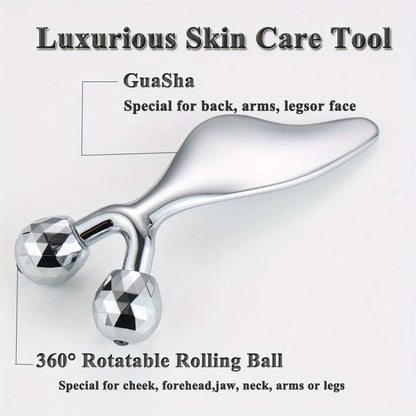 2-in-1 3D Face Roller & Gua Sha Tool Stainless Steel Facial Massager Cold Beauty Tool