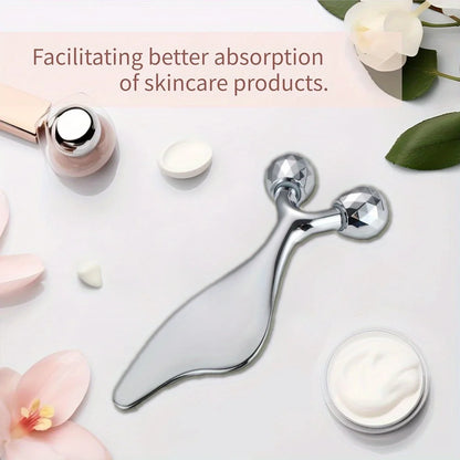 2-in-1 3D Face Roller & Gua Sha Tool Stainless Steel Facial Massager Cold Beauty Tool