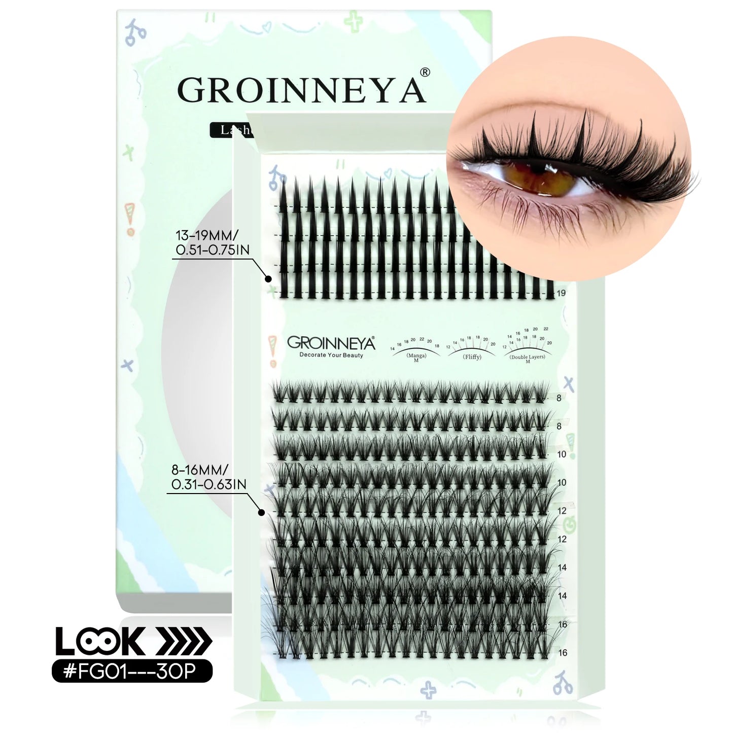GROINNEYA Lash Clusters Kit – Spiky D-Curl Individual Lash Extensions with Bond & Seal for DIY Eyelash Application