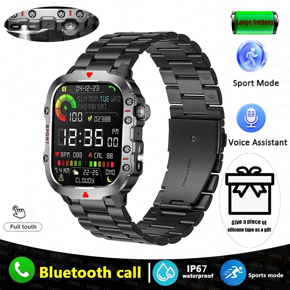 Rugged Men’s Bluetooth Call Smart Watch with Flashlight – 2.01” Outdoor Sports Fitness Watch for Android & iOS