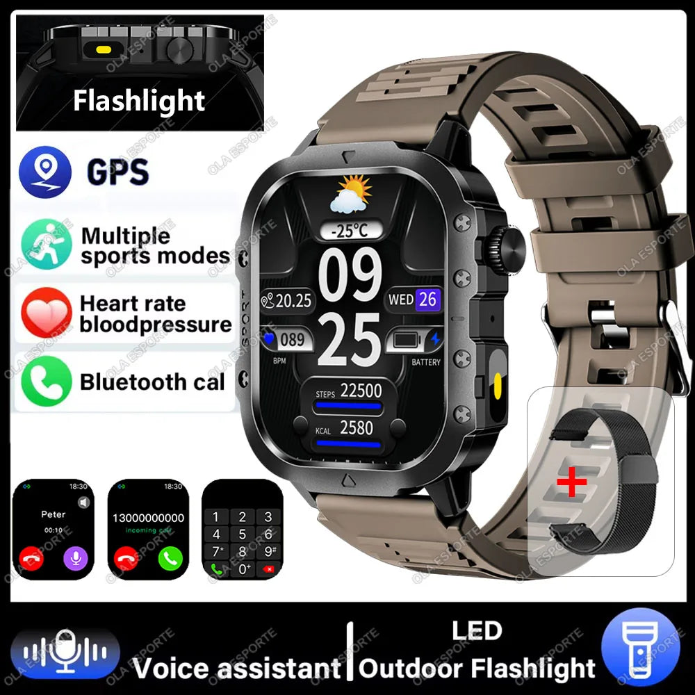 Military Smart Watch Bluetooth Call GPS Flashlight 100+ Sports Android iPhone