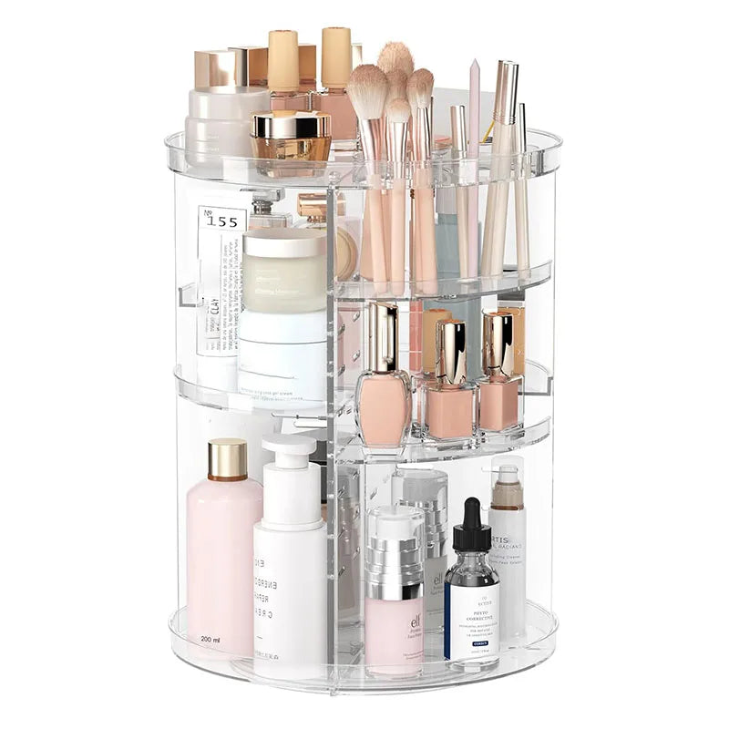 360° Rotating Makeup Organizer – Cosmetic Display Carousel with Brush Holder & Perfume Tray for Vanity, Dresser & Bathroom Countertop