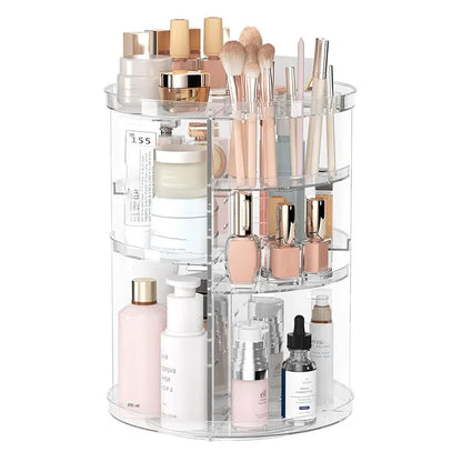 360° Rotating Makeup Organizer – Cosmetic Display Carousel with Brush Holder & Perfume Tray for Vanity, Dresser & Bathroom Countertop