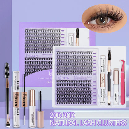 ISEEN DIY Lash Extension Kit – Mixed Style Lash Clusters with Bond & Seal, Remover, Tweezers & Lash Brush for Self-Application