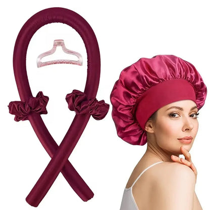 Heatless Curling Rod Night Cap Set – No-Heat Ribbon Hair Curlers with Soft Sleeping Bonnet for Overnight Curls