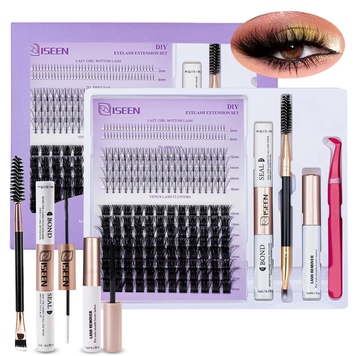 ISEEN DIY Lash Extension Kit – Mixed Style Lash Clusters with Bond & Seal, Remover, Tweezers & Lash Brush for Self-Application
