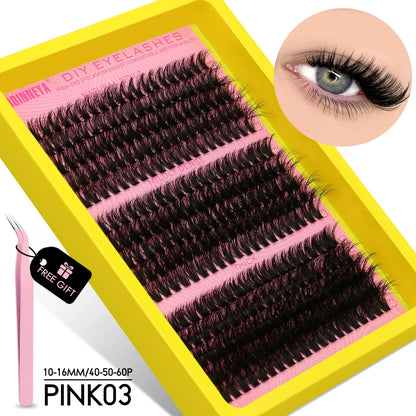 GROINNEYA DIY Fluffy Cluster Lashes Kit – Faux Mink Individual Eyelash Extensions, D-Curl Volume Mixed Tray for At-Home Lash Styling