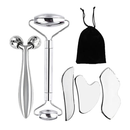 6-Piece Stainless Steel Facial Care Tool Set – Ice Roller, Gua Sha Scraper & Storage Bag