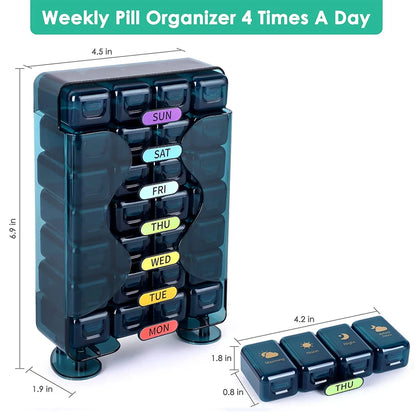 Weekly Pill Organizer 4 Times a Day – Large 7-Day Pill Box with Drawer Design | Travel Medication Case | BPA-Free Pill Storage