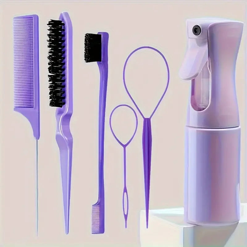 6-Piece Hair Styling Brush & Comb Set with Spray Bottle – Hairdressing Tools for Braiding, Teasing, and Edge Control