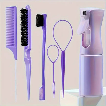 6-Piece Hair Styling Brush & Comb Set with Spray Bottle – Hairdressing Tools for Braiding, Teasing, and Edge Control