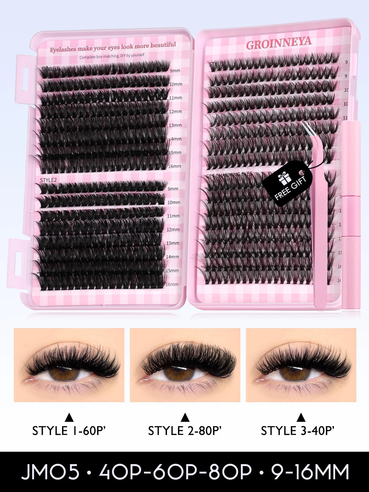 GROINNEYA DIY Lash Clusters Kit – 640PCS Cat-Eye Individual Eyelash Extensions with Bond & Seal for At-Home Lash Application