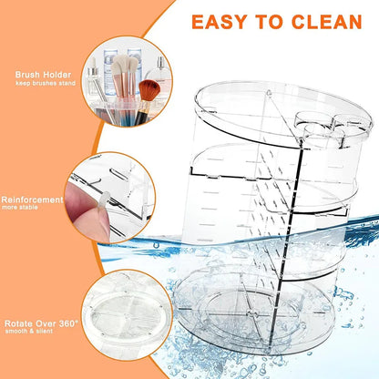 360° Rotating Makeup Organizer – Cosmetic Display Carousel with Brush Holder & Perfume Tray for Vanity, Dresser & Bathroom Countertop