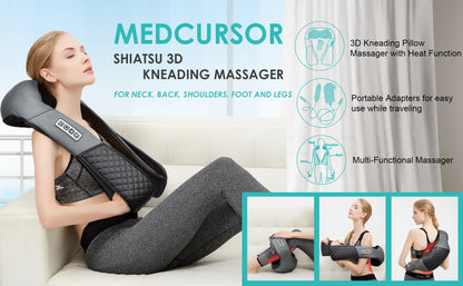 Medcursor Electric Neck and Back Massager – Kneading Massage Pillow with Heat for Neck, Shoulders, and Cervical Pain Relief
