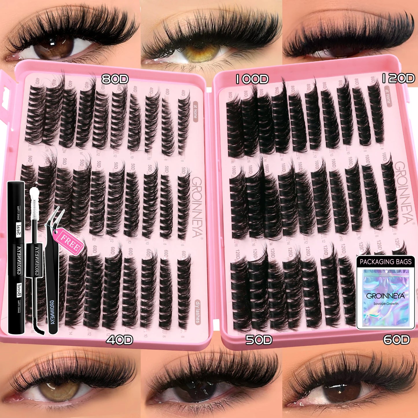 GROINNEYA Lash Clusters Kit – Cat Eye Cluster Eyelash Extensions with Lash Bond & Seal, DIY Large-Capacity Lash Kit