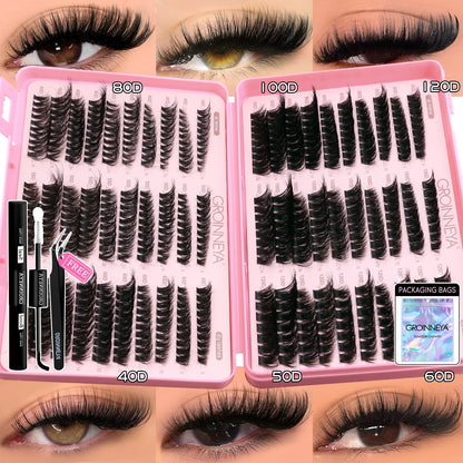 GROINNEYA Lash Clusters Kit – Cat Eye Cluster Eyelash Extensions with Lash Bond & Seal, DIY Large-Capacity Lash Kit