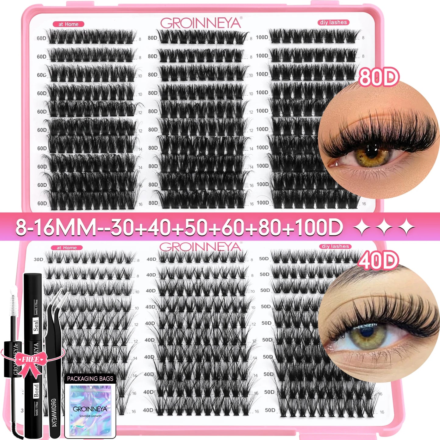 GROINNEYA DIY Lash Clusters Kit – Mixed Length Individual Eyelash Extensions with Bond & Seal, Tweezers Tool for At-Home Lash Application