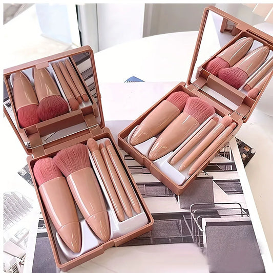 Premium Quality 5-Piece Portable Makeup Brush Set with Mirror – Foldable Mini Travel Makeup Brush Kit