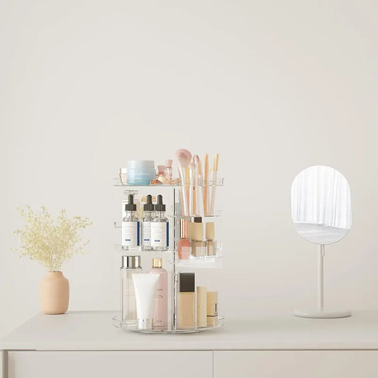 360° Rotating Makeup Organizer – Cosmetic Display Carousel with Brush Holder & Perfume Tray for Vanity, Dresser & Bathroom Countertop