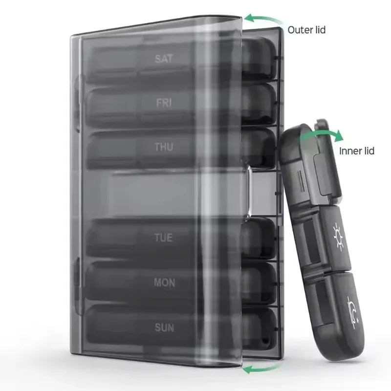 Weekly Pill Organizer Box – 7 Day Portable Travel Medicine Case with 14 Compartments for Pills, Vitamins & Supplements