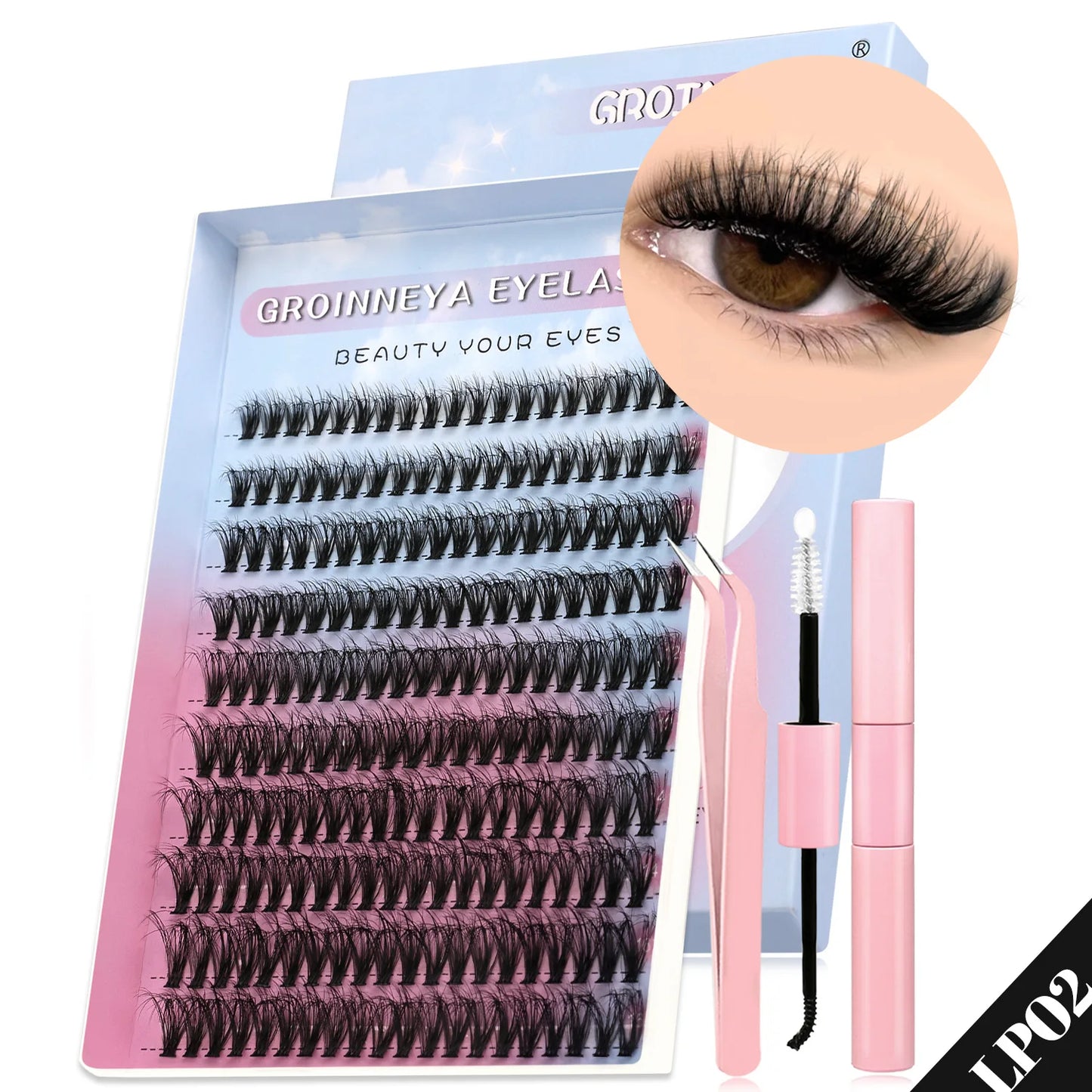 GROINNEYA DIY Lash Clusters Kit – 640PCS Cat-Eye Individual Eyelash Extensions with Bond & Seal for At-Home Lash Application