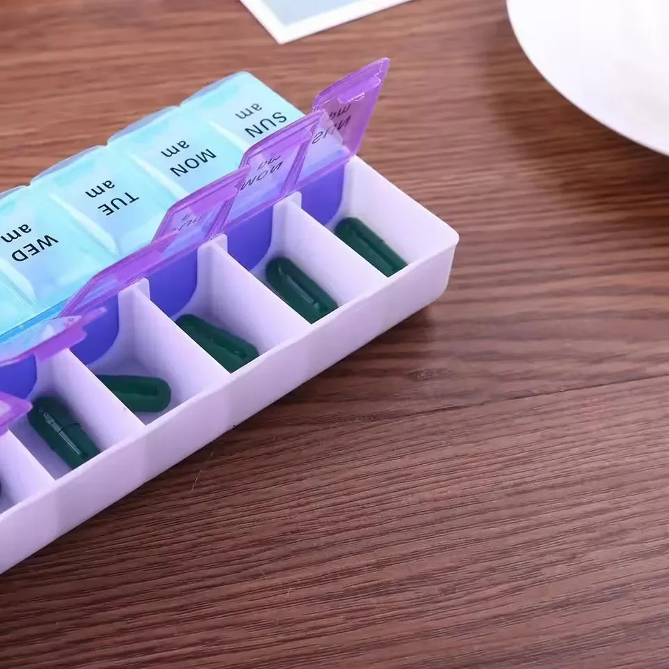 Weekly Pill Organizer Box – 7 Day Portable Travel Medicine Case with 14 Compartments for Pills, Vitamins & Supplements