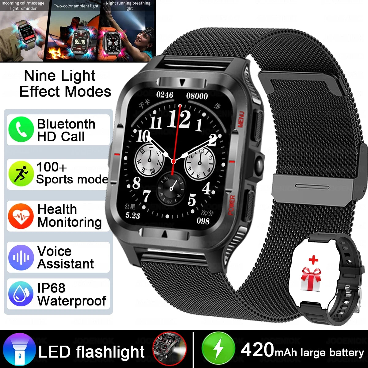 Men’s GPS Sports Smart Watch | Bluetooth Call | 480mAh Long Battery | LED Flashlight | 100+ Sport Modes | Life Waterproof