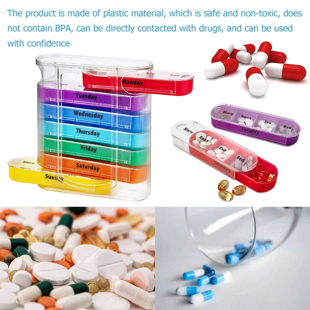 7-Day Weekly Pill Organizer Box with 28 Compartments | Large Capacity Medicine Storage Case, BPA-Free Travel Tablet Holder