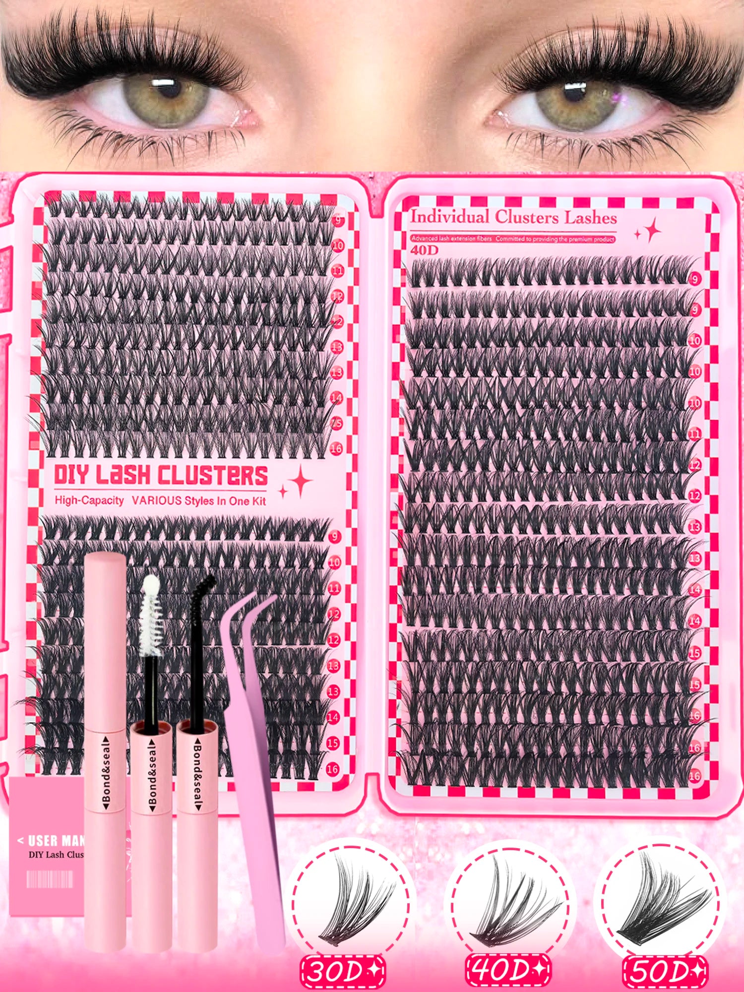 DIY Individual Eyelash Extension Kit 30D–80D – Reusable Cluster Lashes with Tweezers & Seal