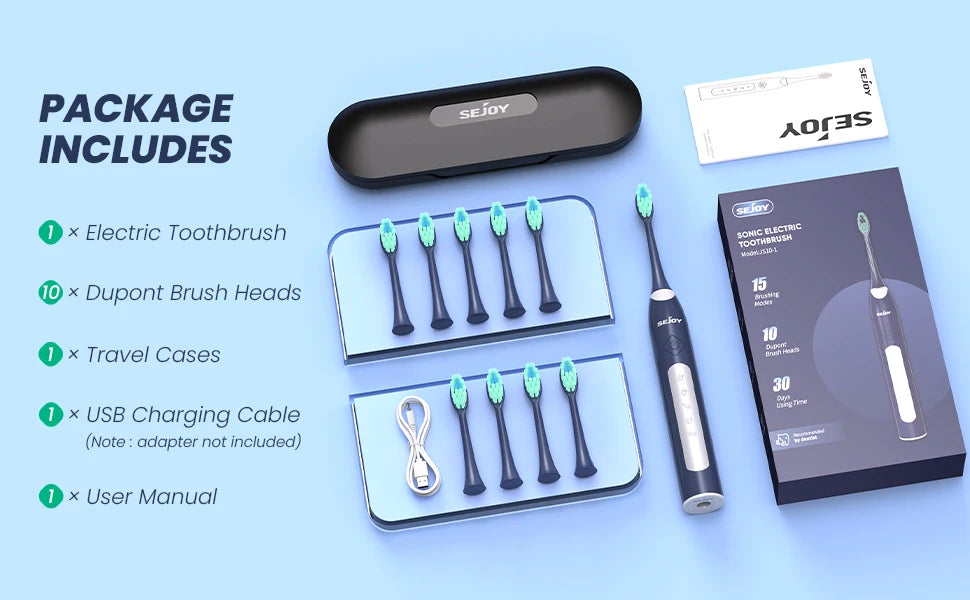 JS10-1 Electric Sonic Toothbrush – Rechargeable Waterproof Toothbrush with 10 Replacement Heads