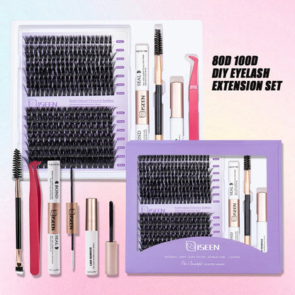 ISEEN DIY Lash Extension Kit – Mixed Style Lash Clusters with Bond & Seal, Remover, Tweezers & Lash Brush for Self-Application