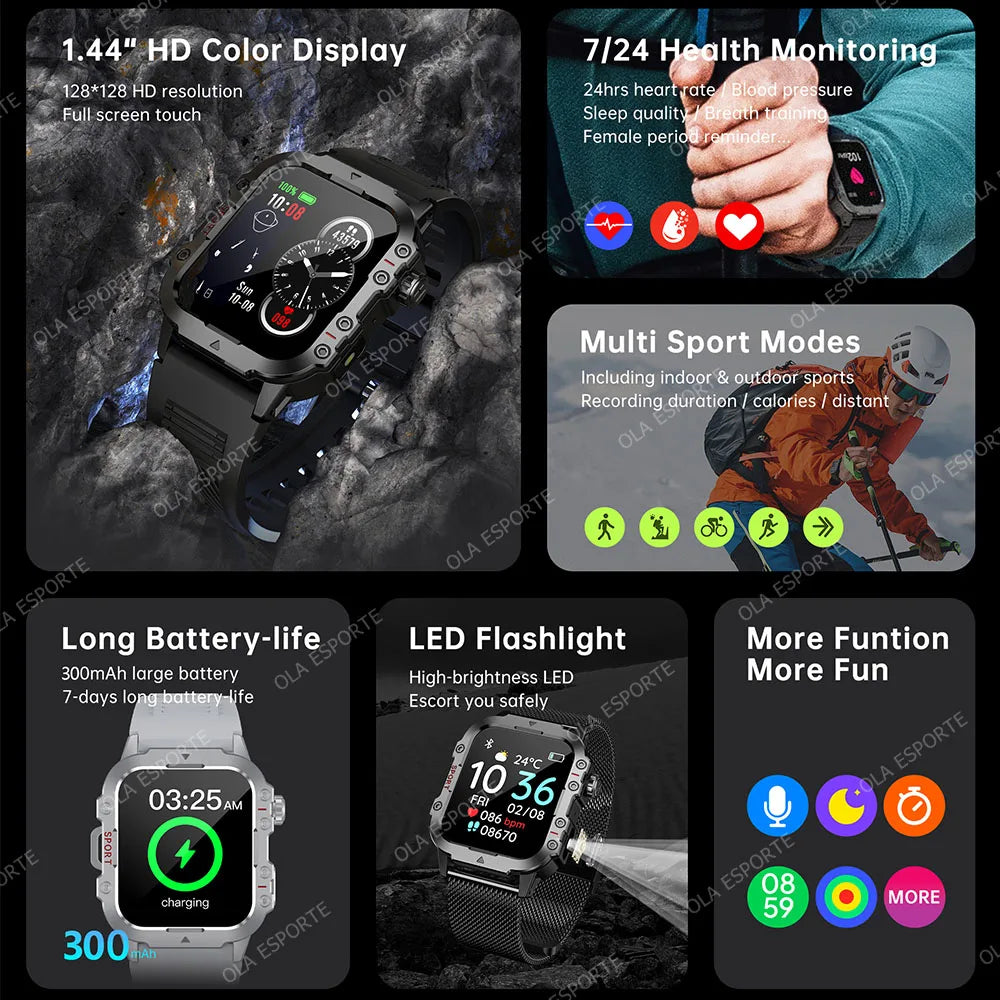 Outdoor Smart Watch Bluetooth Call LED Flashlight Fitness Tracker Android iPhone