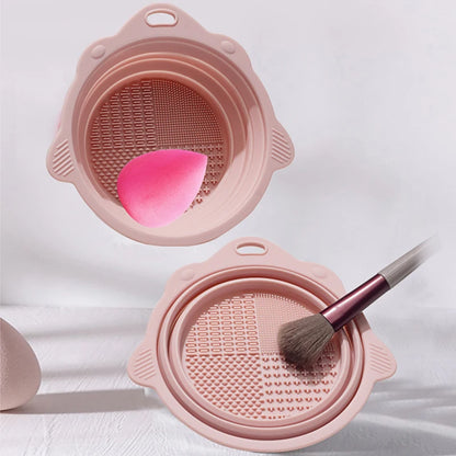 Makeup Brush Cleaner Bowl & Tool Set – Silicone Scrubber Pad, Folding Holder, Wet & Dry Brush Cleaning Kit