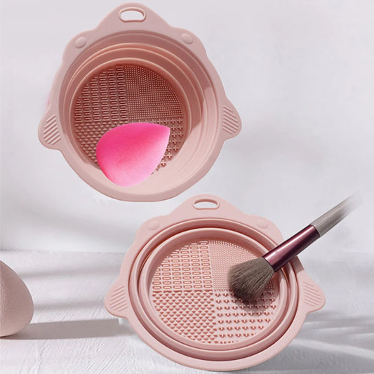 Makeup Brush Cleaner Bowl & Tool Set – Silicone Scrubber Pad, Folding Holder, Wet & Dry Brush Cleaning Kit