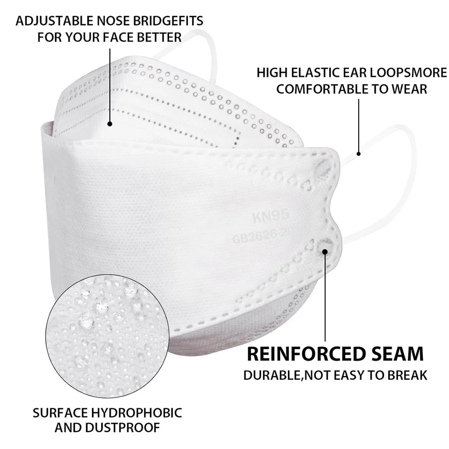 GTT KN95 Disposable Face Masks 4-Layer Protective 3D Fish-Style Design – Individually Wrapped – Black or White (50–200 Pack)