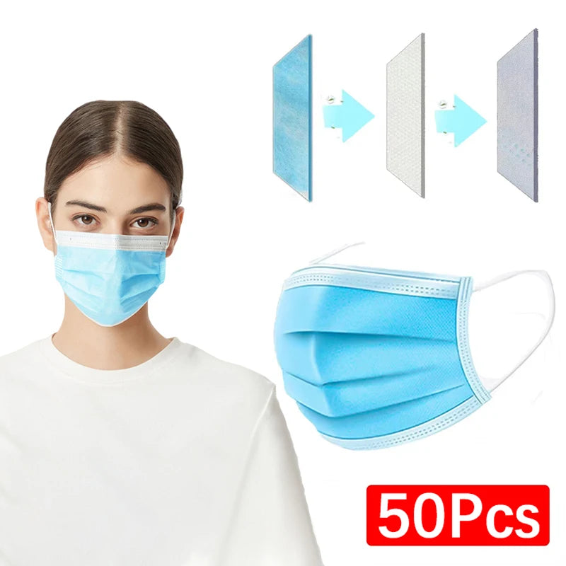 50PCS Disposable Face Masks – 3-Layer Non-Woven Breathable Masks with Soft Ear Loops | Black, Blue, White, Pink Color Options
