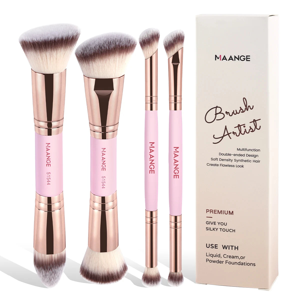MAANGE 4-Piece Makeup Brush Set with Case – Dual-Ended Foundation, Powder & Eyeshadow Brushes