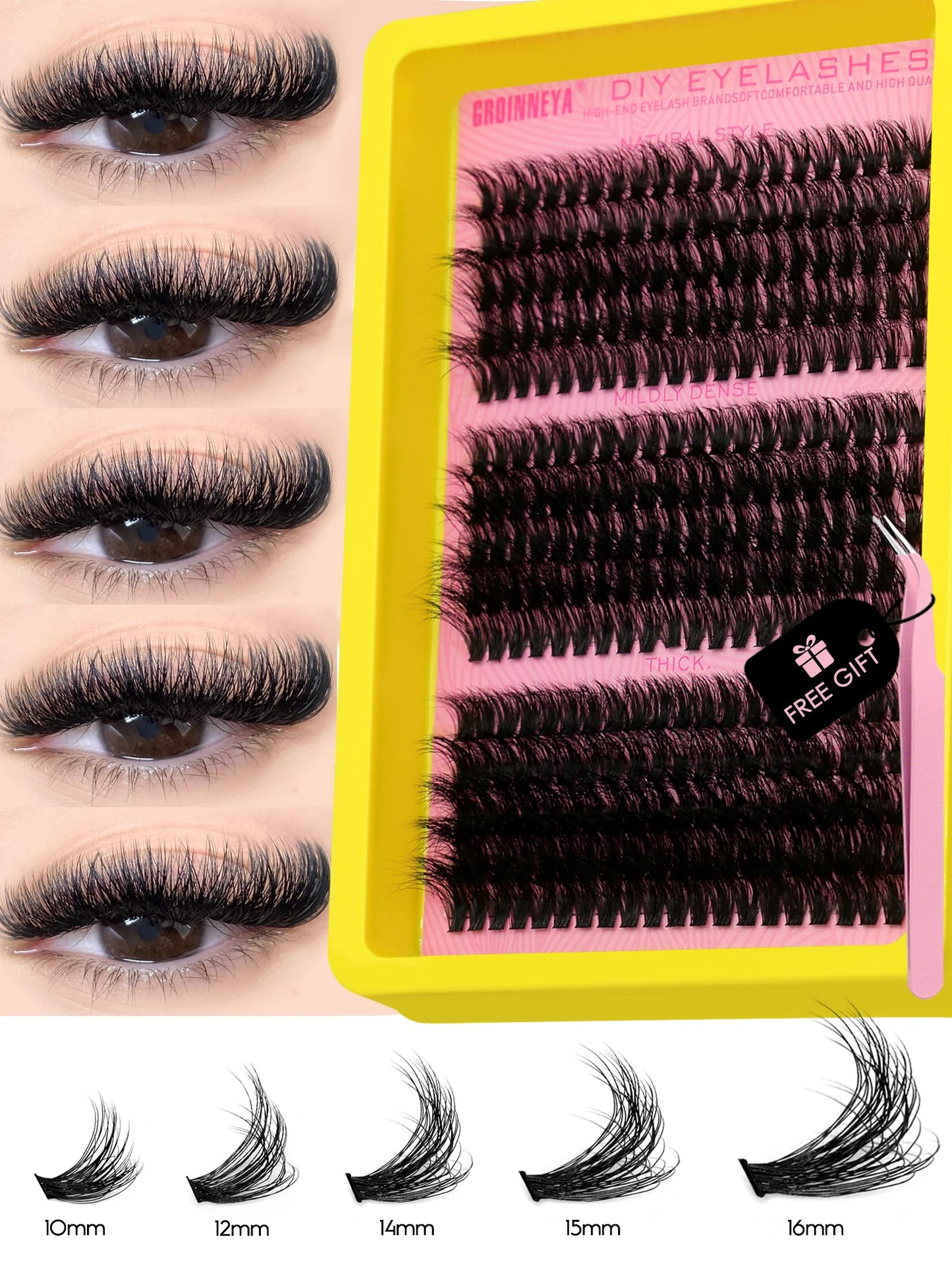 GROINNEYA DIY Fluffy Cluster Lashes Kit – Faux Mink Individual Eyelash Extensions, D-Curl Volume Mixed Tray for At-Home Lash Styling