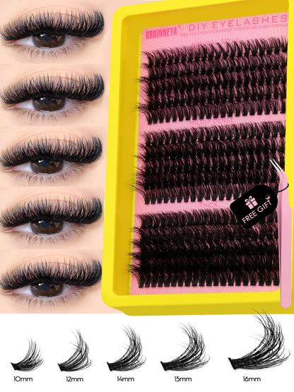 GROINNEYA DIY Fluffy Cluster Lashes Kit – Faux Mink Individual Eyelash Extensions, D-Curl Volume Mixed Tray for At-Home Lash Styling