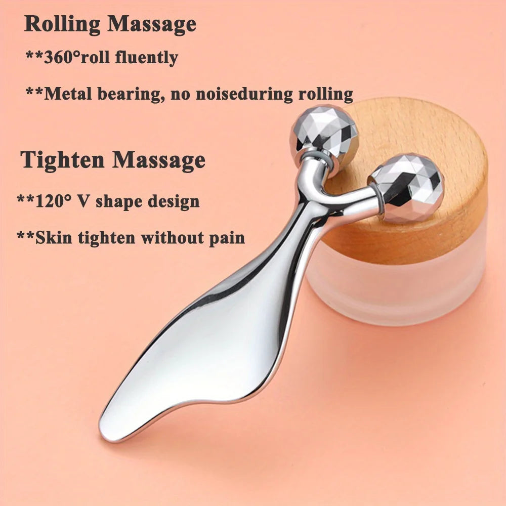 2-in-1 3D Face Roller & Gua Sha Tool Stainless Steel Facial Massager Cold Beauty Tool