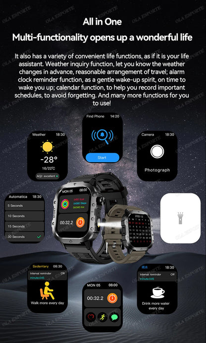 Military Smart Watch Bluetooth Call GPS Flashlight 100+ Sports Android iPhone