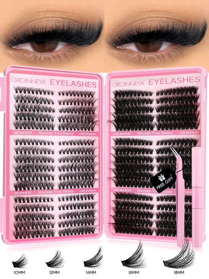 GROINNEYA DIY Lash Clusters Kit – 640PCS Cat-Eye Individual Eyelash Extensions with Bond & Seal for At-Home Lash Application