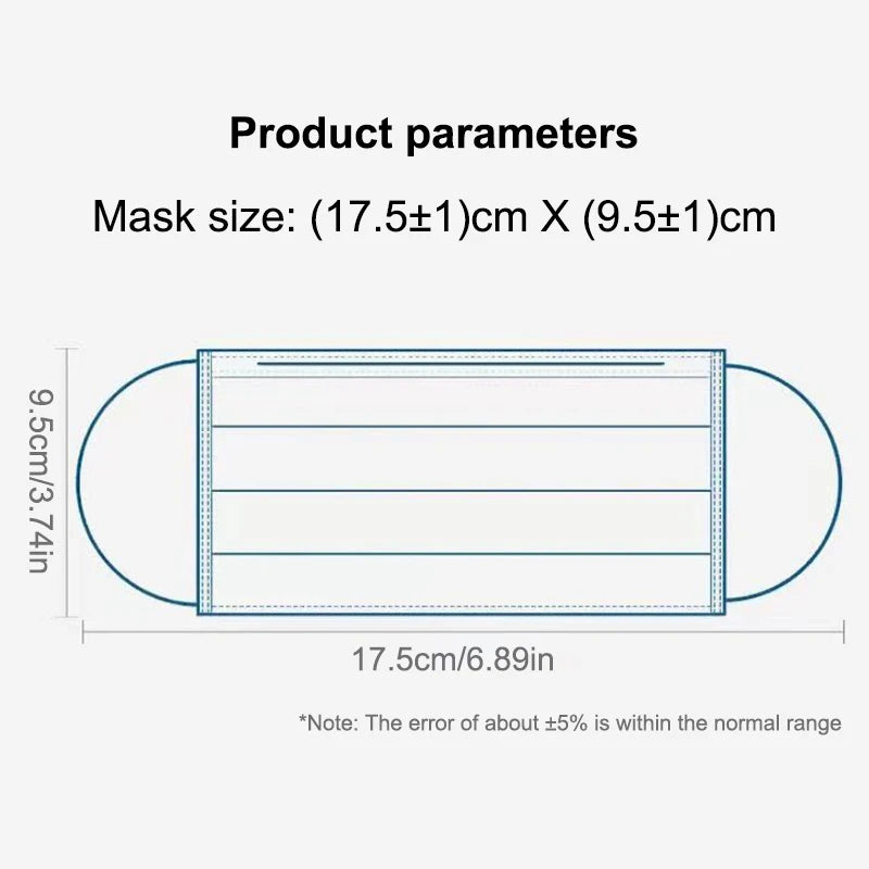 50PCS Disposable Face Masks – 3-Layer Non-Woven Breathable Masks with Soft Ear Loops | Black, Blue, White, Pink Color Options