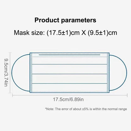 50PCS Disposable Face Masks – 3-Layer Non-Woven Breathable Masks with Soft Ear Loops | Black, Blue, White, Pink Color Options
