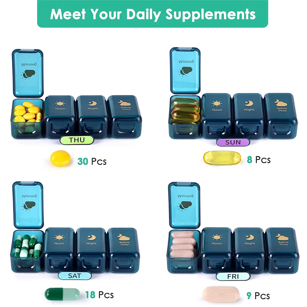 Weekly Pill Organizer 4 Times a Day – Large 7-Day Pill Box with Drawer Design | Travel Medication Case | BPA-Free Pill Storage