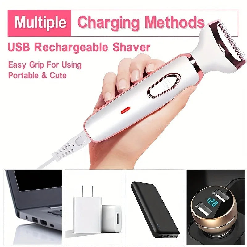 4-in-1 Rechargeable Electric Shaver for Women – Body, Bikini, Underarm, Face & Eyebrow Trimmer, Portable Hair Removal Razor
